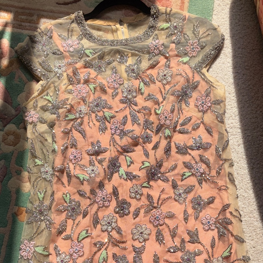 Stunning Vintage handmade Peach Floral with Sheer Beaded Overlay - Picture 2 of 16